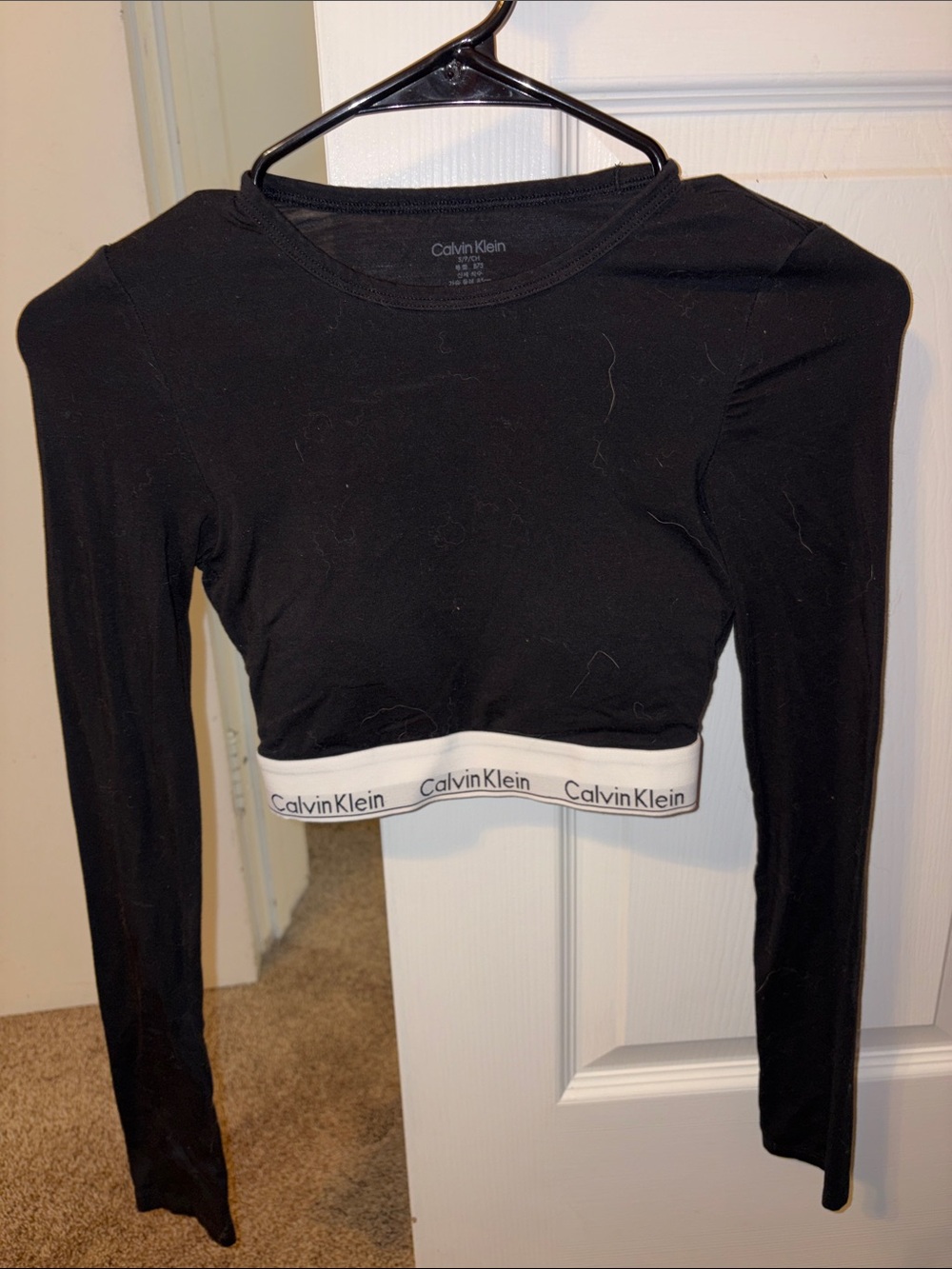 Calvin Klein Black Long-Sleeve Cropped Top with White Logo Band